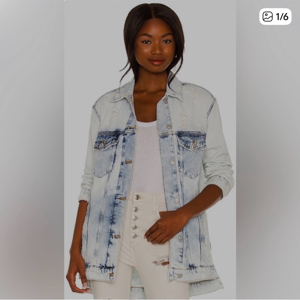 Free People long & lean distressed denim trucker jacket Sz L